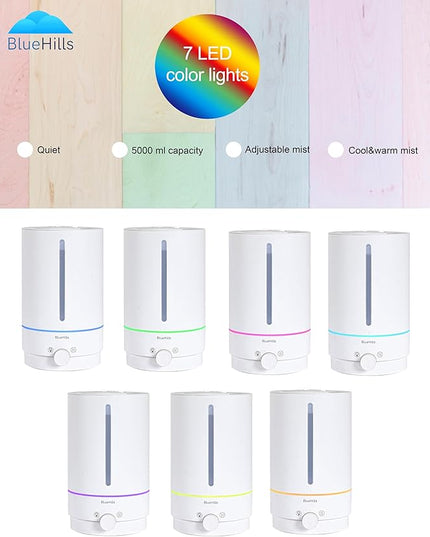 BlueHills Premium 5000 ML XL Cool and Warm Mist Ultrasonic Diffuser Humidifier Large Room Huge Coverage Area 5 Liter Big Capacity High Output 50 Hours Long Run Time Essential Oil Diffuser White W501