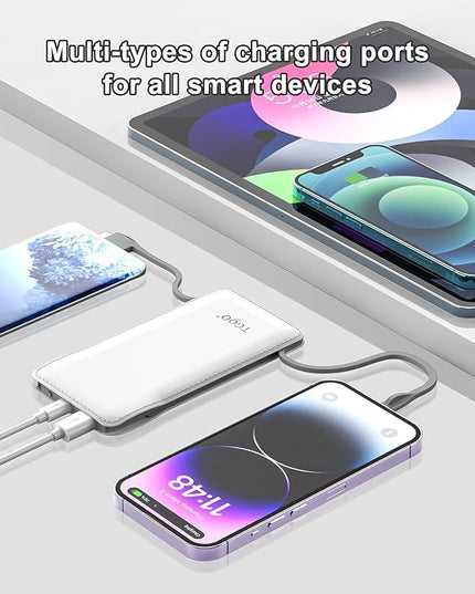 TG90° 2 Pack 10000mAh Slim Portable Charger with Built in Cables,Power Bank Travel Charger Cell Phone External Battery Pack,4 Output External Battery Pack Compatible with iPhone Android Phone