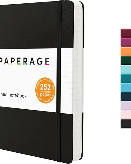PAPERAGE Lined Journal Notebook, (Black), 252 Pages, Medium 5.6 in x 8 in - 100 GSM Thick Paper – Hardcover Journaling Notebook for Work, School & Note Taking