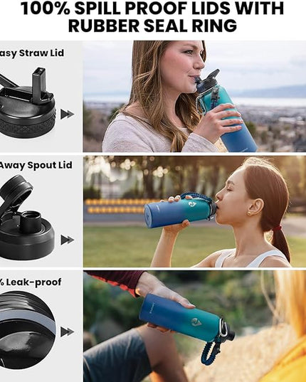 Insulated Water Bottle 40 oz, Triple Wall Vacuum Stainless Steel (Cold for 48 Hrs), Leak Proof & Non-BPA, Modern Water Flask Jug with Paracord Handle & Straw Spout Lids, Cyan Blue