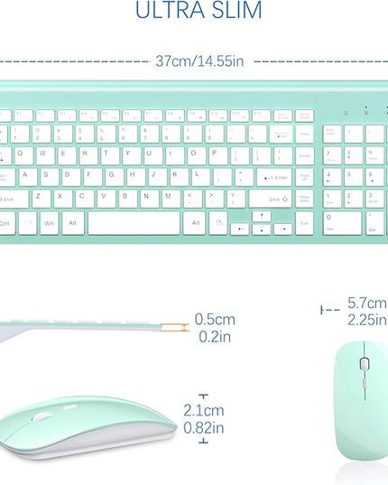 Wireless Keyboard and Mouse Ultra Slim Combo, TopMate 2.4G Silent Compact USB 2400DPI Mouse and Scissor Switch Keyboard Set with Cover, Batteries Included, for PC/Laptop/Windows/Mac - Mint Green