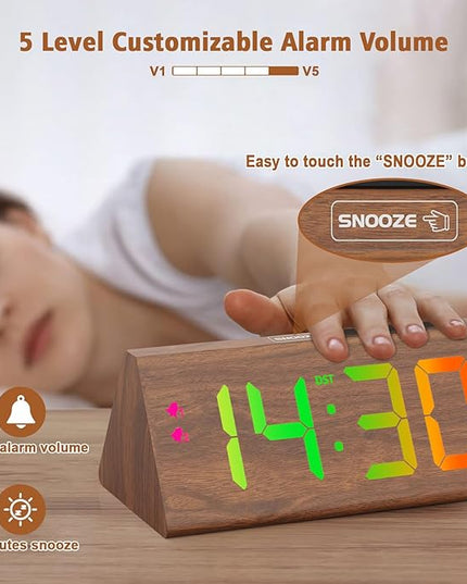 Wooden Digital Alarm Clock with Dual USB Charging Ports, DST, Dimmable, Snooze, RGB Colors, Modern Large Time Display LED Clock for Kids Bedrooms, Living Room, Desk, Table, Bedside, Nightstand (Brown)