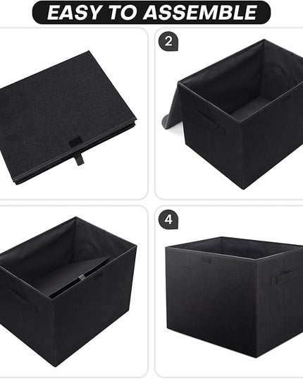 Large 22 Quart Linen Fabric Foldable Storage Bin Cube Organizer Basket with Flip-Top Lid & Handles, Clothes Blanket Box for Home, Office, Closet, Black, 4 Pack 14.6 x 9.5 x 9.5”