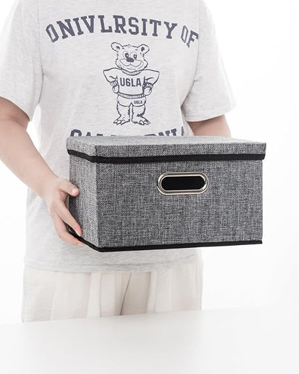 PRANDOM Storage Bins with Lids [3-Pack] Linen Fabric Foldable Storage Boxes Organizer Containers Baskets Cube with Cover for Home Bedroom Closet Office Nursery Grey（11.4X8.6X6.7