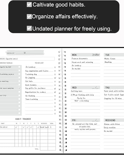 Undated Weekly Planner, Weekly Goals Notebook, A5 To Do List Planner, Habit Tracker Journal with Spiral Binding, 5.7 x 8.0 in, Black
