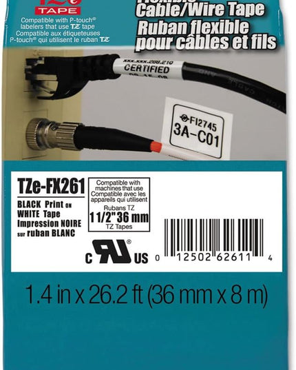Brother Genuine P-touch TZE-FX251 Tape, 1" (0.94") Wide Flexible-ID Laminated Tape, Black on White, Best Suited for Wire Wrapping and Flagging, Water-Resistant, 0.94" x 26.2' (24mm x 8M), TZEFX251