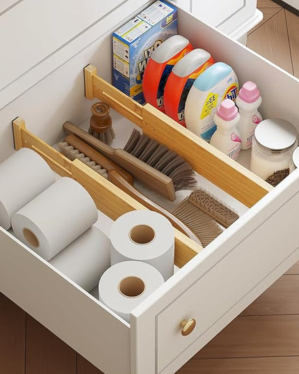 BAMEOS 4 pcs 3" High Bamboo Drawer Dividers Adjustable Drawer Organizer Expandable Drawer Organization Utensil Organizers for Kitchen Dresser Bathroom Bedroom and Office