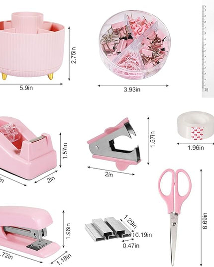 Desk Organizers and Accessories Set with 360-Degree Rotating Pen Holder, Tape Dispenser, Stapler, Staple Remover, 1000 Staples, Tape, Clips Set, Ruler, Scissor, Pen