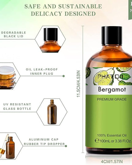 PHATOIL 3.38FL.OZ Bergamot Essential Oil, for Aromatherapy Diffusers, Humidifiers, Great for DIY Candle and Soap Making, Huge 100ML Bottle