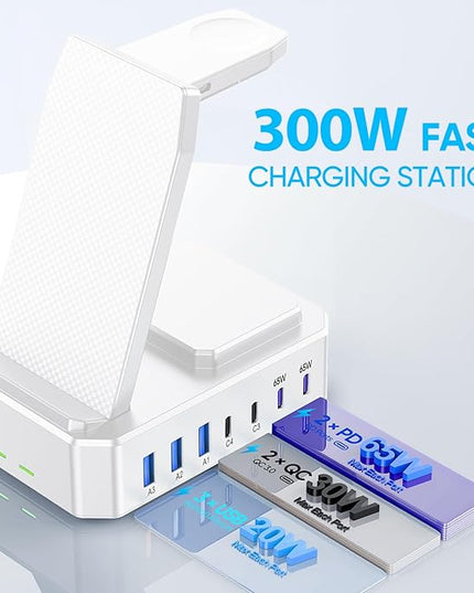 300W Charging Station for Multiple Devices Apple, Zutspzss 10 in 1 Wireless Charger for iPhone 17, GaN III USB C 65W PD Fast Charging Stand Dock for MacBook, Apple Watch&Airpods,White