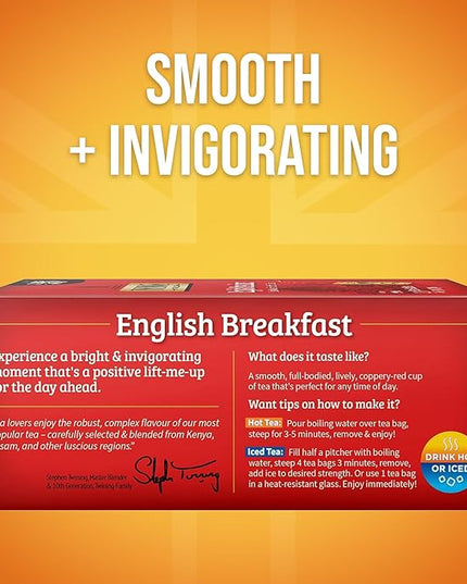 Twinings English Breakfast Black Tea Individually Wrapped Bags, 100 Count (Pack of 1), Smooth, Flavourful, and Robust, Caffeinated, Enjoy Hot or Iced, 100 Teabags