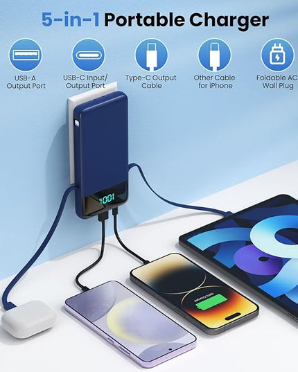 Portable Charger for iPhone with Built in Cables and Wall Plug,Upgraded 13800mAh Fast Charging USB C Power Bank,4 Outputs Travel Essential Battery Pack Compatible with iPhone 17/16/15/14,Samsung-Blue