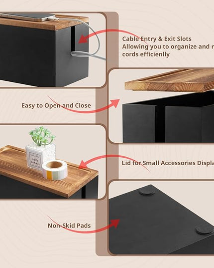 Wood Cable Management Box - Cable Organizer Box - 2 Open Slots Cords Hider Box - Under Desk Cord Organizer for Power Strip Extension Cord Surge Protector Charger Wire, Black
