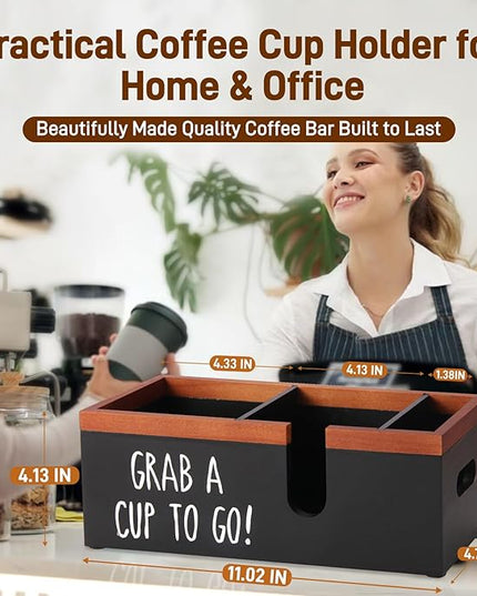 Intarsio 100% Wooden Coffee Cups Holder with U-Shape Cutout Design for Countertop-Coffee Bar Organizer for Cups, Lids, Pods, Stirrers, and Accessories, Great Gift for Home or Office