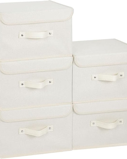 Fabric Storage Bins Cube Organizers with Flip-Top Lid and Handles,Storage Boxes for Organizing Home,Office,and Closet,Beige,5 Pack 13 X 9.1 X 7.9 in