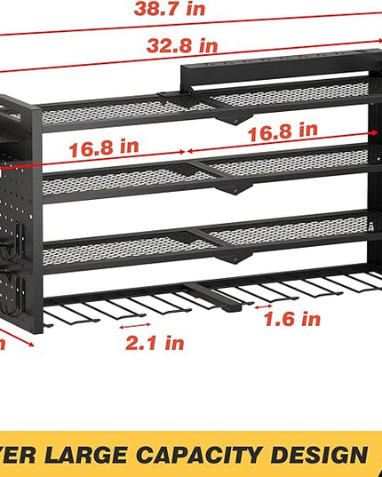 Power Tool Organizer Wall Mount with Charging Station, Heavy-Duty Metal Garage Tool Storage Rack & 8 Outlet Power Strip, 33 Inch Long 4 Tier Shelves for Workshop Organization