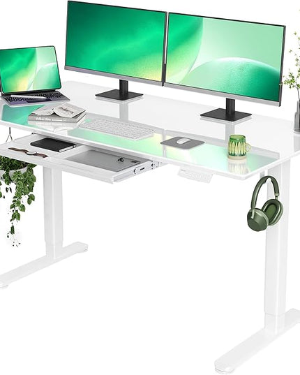 INNOVAR Glass Standing Desk with Drawers, 55×24 Inch Adjustable Stand Up Desk Quick Install Home Office Computer Desk, White