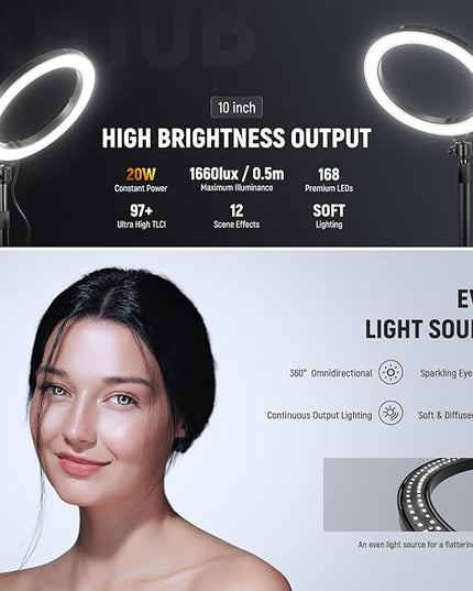 NEEWER 10" 20W LED Ring Light with Desk Stand Phone Holder for iPhone Laptop, Bi Color 2900K-7000K, USB C PD Input, CRI97+ 1660LX/0.5m, Selfie Makeup TikTok Recording Video Conference Lighting, RH10B