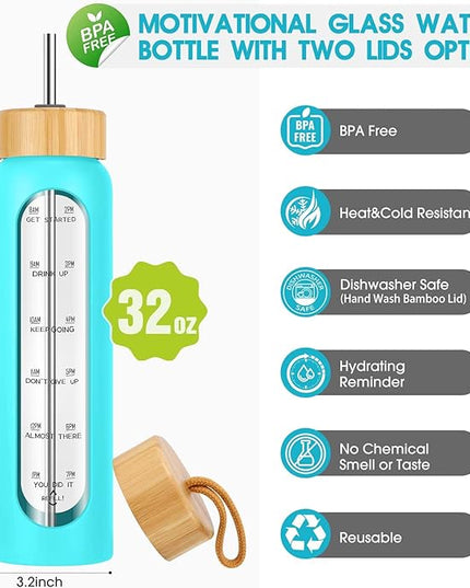 32 oz Glass Water Bottle with Straw - Motivational Time Marker & Silicone Sleeve - Reusable Tumbler Includes 2 Bamboo Lids & Fruit Infuser - 1 Pack