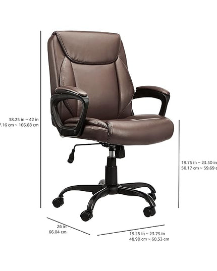 Amazon Basics Classic Puresoft PU Padded Mid-Back Height Adjustable Office Computer Desk Chair with Armrest, 25.75"D x 24.25"W x 42.25"H, Brown