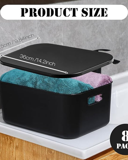 Hoolerry 8 Pieces Colorful Storage Bins with Lid, Plastic Storage Basket Organizing Container Stackable Box with Handle for Shelves Desktop Playroom Office(13.8 x 9.8 x 5.9 Inch,Black)