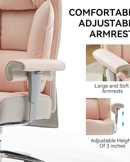 Efomao Big and Tall Ergonomic Office Chair 450LBS with Foot Rest, High Back PU Leather Executive Chair with Adjustable Padded Armrests, Lumbar Support for Home or Work, Heavy Duty Computer Chair, Pink