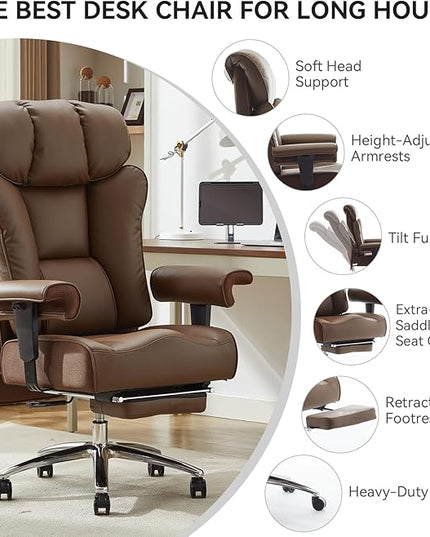 Big and Tall Ergonomic Office Chair 450LBS with Foot Rest, High Back PU Leather Executive Chair with Adjustable Padded Armrests, Lumbar Support for Home or Work, Heavy Duty Computer Chair, Brown
