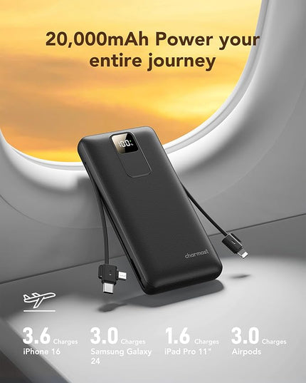 charmast Portable Charger 20000mAh with Wall Plug, Fast Charging Power Bank USB C, 20W PD Battery Pack with Built-in Cables Travel Essential for iPhone 16/15/14, Samsung, iPad More Devices (Black)