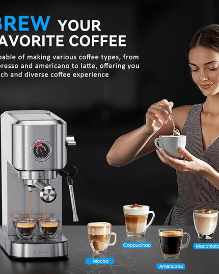 20Bar Espresso Machine, Compact Espresso Maker with Milk Frother, Stainless Steel Coffee Machine for Cappuccino&Latte, 42oz Water Tank, Visible Pressure Gauge, Home&Office, Silver
