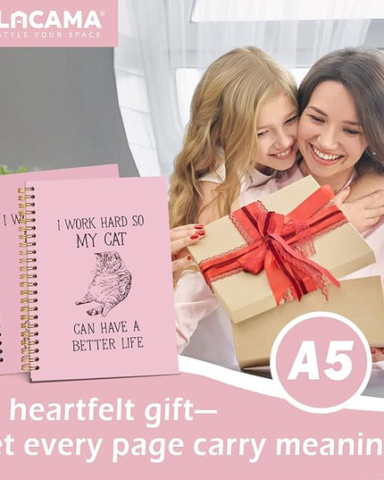 Lacama Pink Cat Notebook, Gifts for Cat Lovers, Funny Notebooks for Work, 160 Pages, Office Humor Gifts, School Office Supplies, 5.5"x8.3" I Work Hard So My Cat Can Have A Better Life Journal Notebook