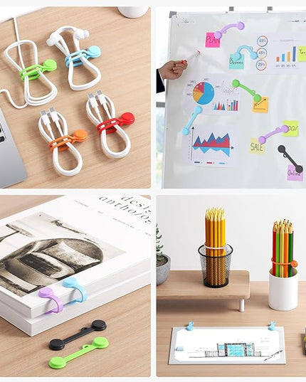 Tounee Reusable Silicone Magnetic Cable Ties - 2 Sizes Combo (4pcs 2.56'' + 20pcs 7.16'') - Multi-Purpose for Cable Bundling, Organizing, Bookmarks & Fridge Magnets - Assorted Colors, Pack of 24