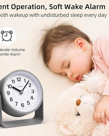 Analog Alarm Clock, Silent Non-Ticking Quartz Movement, Battery-Operated with Snooze & On-Demand Light, Easy to Set Gentle Wake Bedside Desk Clock, Ideal for Home, Travel, Office (Gray)