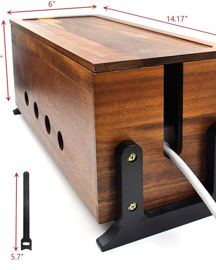 Large Cable Management Box, Wood Cord Hider Box & Organizer for Power Strip Hider Cable Storage for Office, TV Wires, Desk Cord Organizer, 14.1" x 6" x 6.3", Vintage Walnut