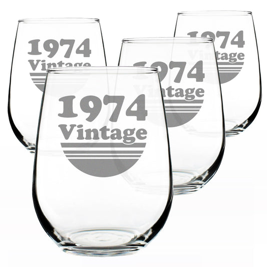 Vintage 1974 Stemless Wine Glass for 52nd Birthday - 17 oz - Set of 4