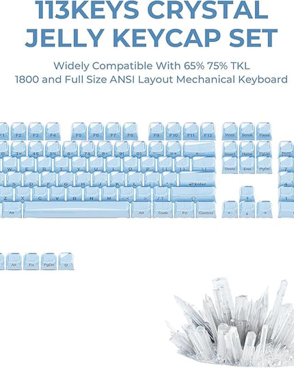 XVX Blue Keycaps, Crystal Jelly Keyboard Keycaps OEM Profile Side Printed Keycap Set Compatible with 61/68/84/87/98/100 ANSI Layout MX Switches Mechanical Keyboard