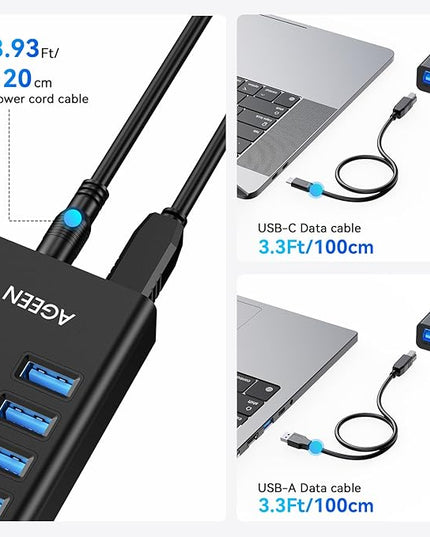 AGEEN 16-Port USB 3.2 Gen 2 Hub, 10Gbps High-Speed Aluminum Powered Hub with 96W Adapter, Individual Switches & Surge Protection for PC/Laptop, Flash Drive, Printer, Camera
