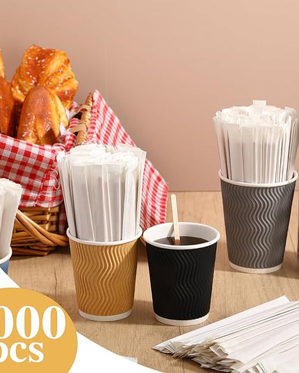 3000 Pcs Individually Wrapped Wooden Coffee Stirrers, Disposable Coffee Stir Sticks Round End Sticks Bulk Wood Stirrers for Cocktail Hot Drinks Restaurant Bar Home Office (5.5 Inch)