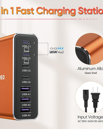 Aluminum Alloy USB C Charger GaN Charger Fast USB C Charging Station 7 Ports 65W Laptop for MacBook Pro/Air/iPad Pro/iPhone (Orange-4C3A)