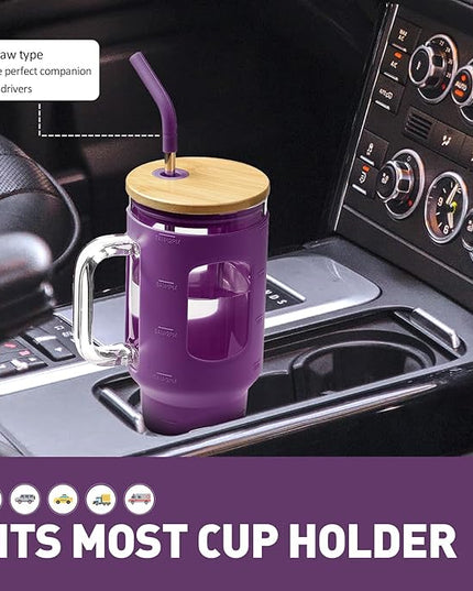 Glass Tumbler with Straw and Lid, 40 oz glass cup with handle, Glass Water Bottles with Time Marker, Silicone Protective Sleeve-Dark Purple