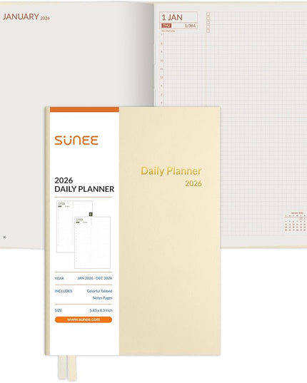 SUNEE 2026 Daily Planner A5 Hardcover – Hourly Schedule Organizer with Monthly Tabs & Task Tracker – Beige Cover Time Management Notebook for Work, School, Personal Goals