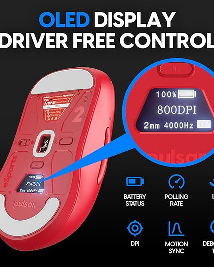 Pulsar Gaming Gears - X2H eS Wireless Gaming Mouse, Limited Edition, Symmetrical, Optical Switch, OLED Display, Driverless, PAW3395 Sensor, 100H Battery, 4K dongle Included (Medium, Red)