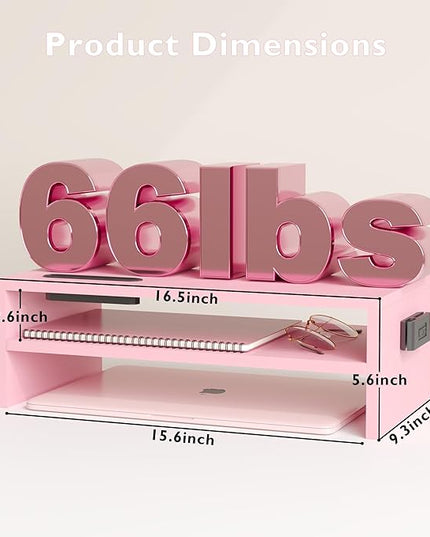 BONTEC Wooden Monitor Stand Riser, 2-Tier Desk Shelf with Storage Organizer, Ergonomic Computer Stand with Cable Management, Cellphone Holder, Pink, 16.5 Inch
