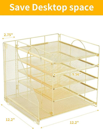 LEKETREE Desk Organizers and Accessories, 5-Tier Paper Letter Tray Organizer with File Holder, Desktop Organizer for Office Supplies (Gold)