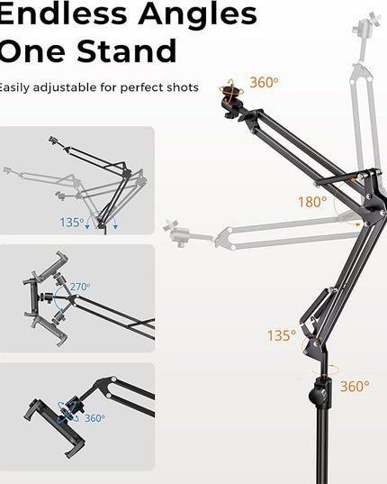 UBeesize Overhead Camera Mount with 360° Adjustable Arm & Phone Holder for TikTok Live Streaming Photography Studio Content Creation, Desk Mount for DSLR Cameras/Webcam/iPhone/Ring Light/Microphone