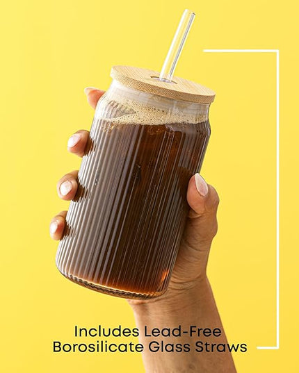 JoyJolt Fluted Glass Tumblers with Bamboo Lids and Glass Straws, Ribbed Can Shaped Drinking Glasses Set of 4, 16oz Cup with Lids and Straws, Iced Coffee Cups, Cocktail/Beer Glasses, Tea Cups
