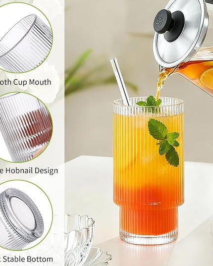 Ribbed Drinking Glasses Set of 8, Stackable Cute Kitchen Glasses Cups 16oz and 7oz Iced Coffee Glasses cocktail Glass cup for Water, Beverage, Whiskey