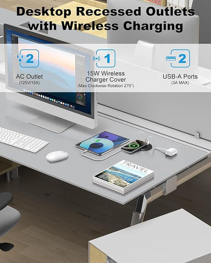 3 Inch Desk Hole Recessed Power Grommet with 15W Wireless Charger Cover, 2 USB-A Countertop Grommet Mount Power Outlet, with AC Outlets and 6ft Extension Cord Black
