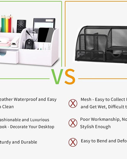 KINGFOM Pu Leather Desk Organizer Pen Pencil Holder Office Supplies Caddy Storage Box 6 Compartments with Drawer White (Full Pu Leather)