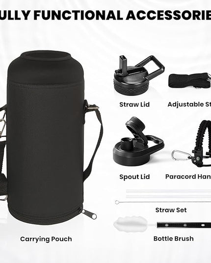 Insulated Water Bottle 87 oz, Triple Wall Vacuum Stainless Steel (Cold for 48 Hrs), Leak Proof & Non-BPA, Modern Water Flask Jug with Paracord Handle & Straw Spout Lids, Magic Black