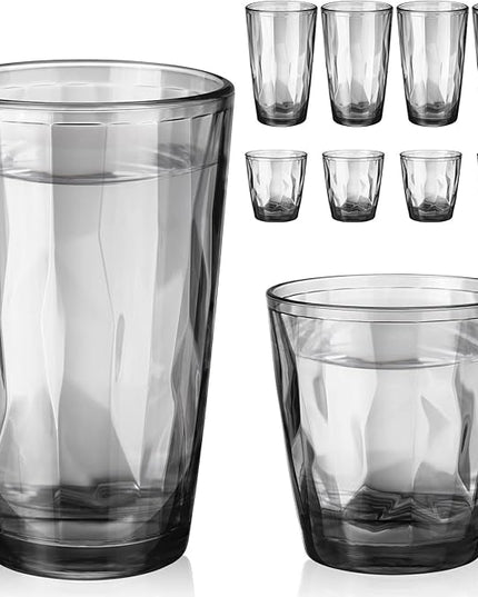 Set of 8 Plastic Drinking Glasses 16 Oz and 10 Oz Reusable Plastic Tumblers Acrylic Tall and Short Unbreakable Water Cups for Indoor Outdoor Home Picnic Party(Grey)